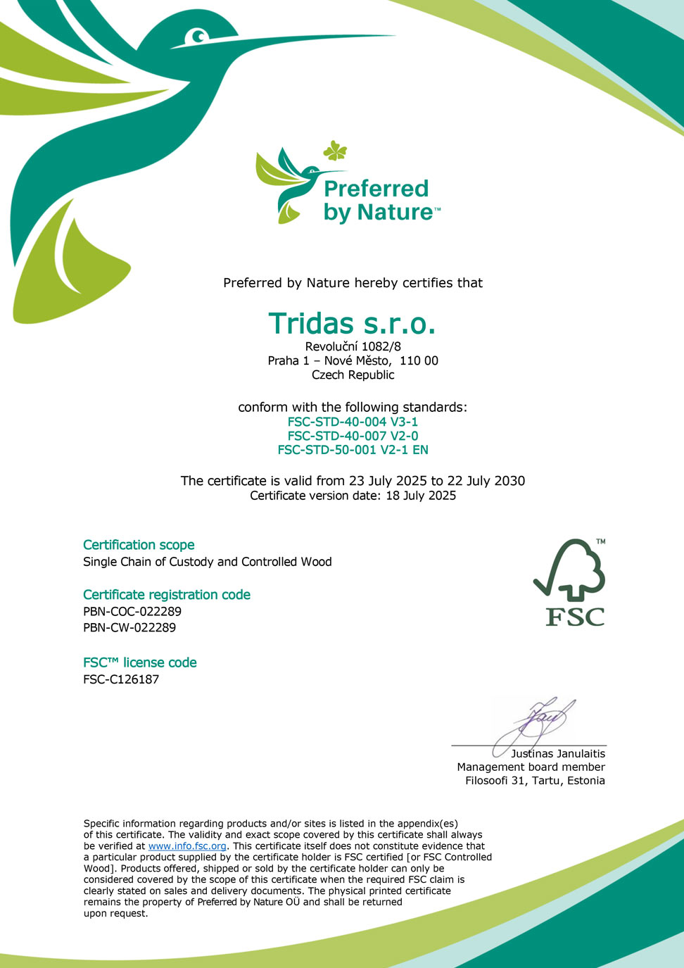 FSC chain of custody certificate — TRIDAS